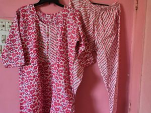 Red Printed Cotton Suit Set