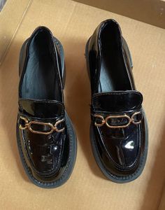 Chunky Heel Loafers - Black Patent