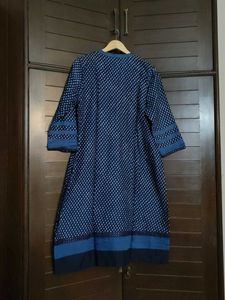 Biba Women Blue Printed Cotton Mix Straight Kurta