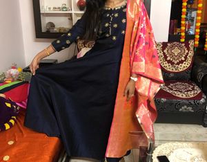Navy Blue Anarkali With White Duppata