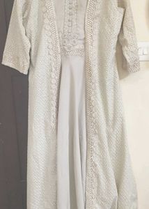Beige Dress With Embroidered Jacket Maxi Suit