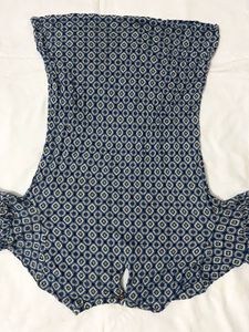 Blue Patterned Ruffle Sleeve Top