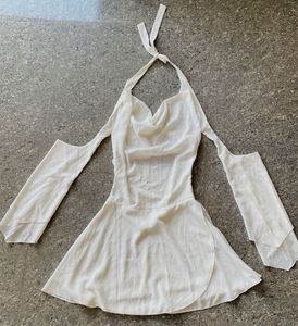 White Halter Neck Ruffle Mini Dress