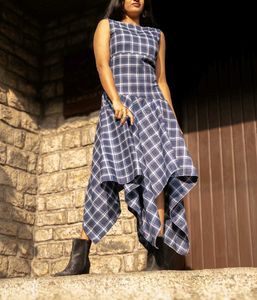 Blue Plaid Asymmetrical Dress
