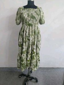 Green Floral Smocked Midi Dress