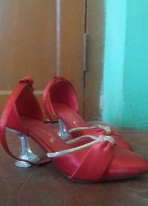 Red Satin Rhinestone Heels