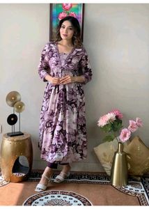 💜🤍 Women Floral Print Alia Cut Dress With Paint