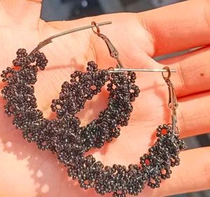 Black Beaded Hoop Earrings