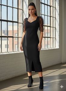 Chic Black Puff Sleeve Midi Dress