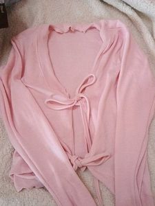 Pink Tie-Front Ribbed Knit Top
