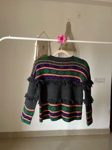 ARYGLE  PRINT TASSLE GREY SWEATER