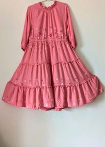 Pink Tiered Dress with Floral Hand Painting