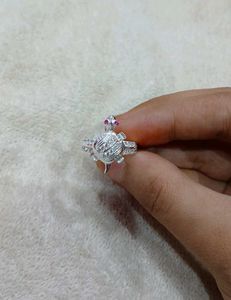 Lucky Silver Turtle Ring With Pink Eyes 🩷