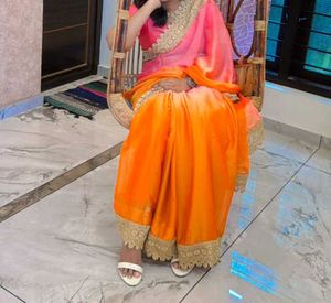Pink and Orange Saree with Lace
