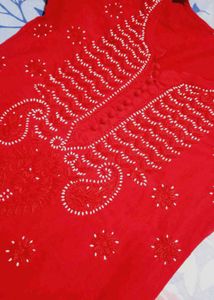 Red  Chikenkari Embroidered Kurta With Free Saree