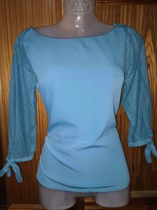 Light Blue Mesh Sleeve Top