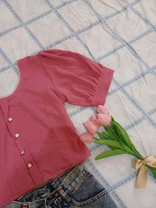 Pink Buttons Down Puffed Sleeve