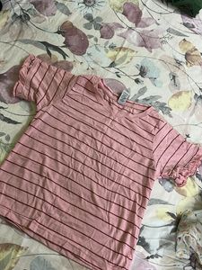 Pink Striped Ruffle Sleeve Top