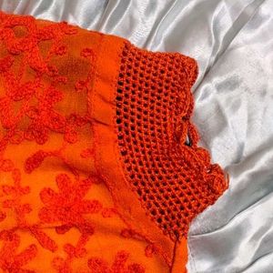 Orange Embroidered Mesh Top