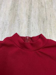 Burgundy Mini Dress with Puff Sleeves &amp; High Neck