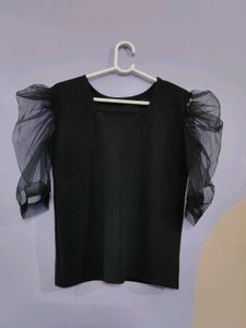 Solid Black Top with Puffed Net Sleeves