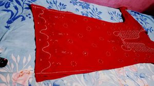 Red  Chikenkari Embroidered Kurta With Free Saree