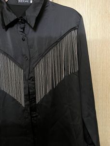Glamorous Black Fringe Detail Button-Up Shirt