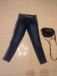 Dark Wash Skinny Jeans with Green Side Stripe