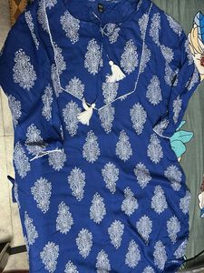 Blue Printed Kurta with Tassels