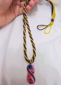 Pink Infinity Necklace With Yellow ,Violet Braid