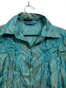 Teal Embroidered Long Sleeve crinkle Shirt