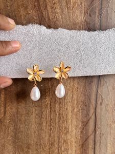 Gold Flower &amp; Pearl Drop Earrings