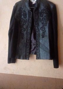 Embroidered Black Leather Jacket