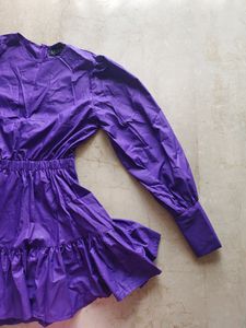 New Short Flared Puff Sleeved Purple Dress