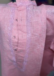 NEW khadi Cotton Peach Self Embroidered Mens Kurta