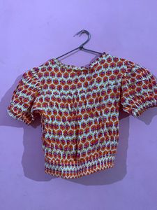 Patterned Puff Sleeve Crop Top