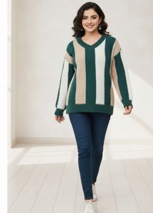 Striped Fuzzy V-Neck Sweater