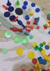collection of dice n toy coins