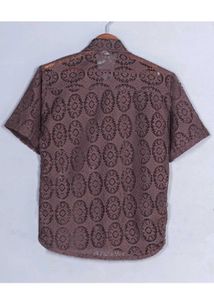 Brown Lace Crochet Short Sleeve Shirt