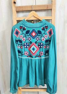 Embroidered Sea Green Cotton Top size-48
