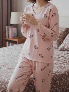 Cozy Pink Strawberry Print Night Suit Set