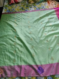 pista with pink soft silk. Saree