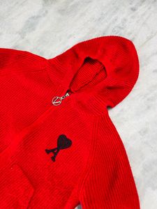Red Knit Zip-Up Hoodie