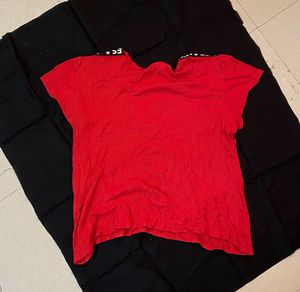 Red Ribbed T-Shirt with Accents