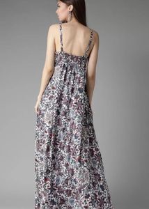 HERE&amp;NOW Women White &amp; Navy BluePrinted Maxi Dress