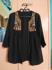 Embroidered Black Open Front Cardigan Shrug