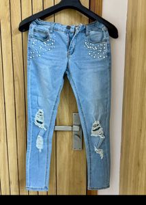 Pearl Embellished Ripped Jeans