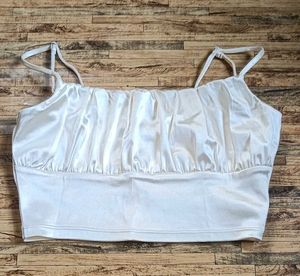 White Satin Ruched Crop Top