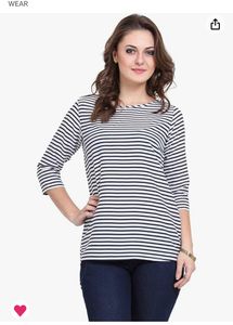 3/4th Sleeves White &amp; Blue Strip Top For Women
