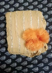 Elegant Gold & Silver Striped Scarf with Pom Poms